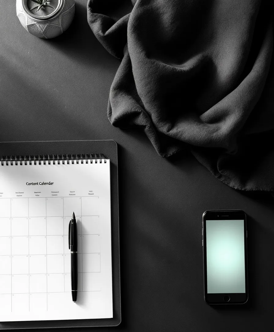 Overhead of a printed content calendar, pen and phone showing an editorial feed