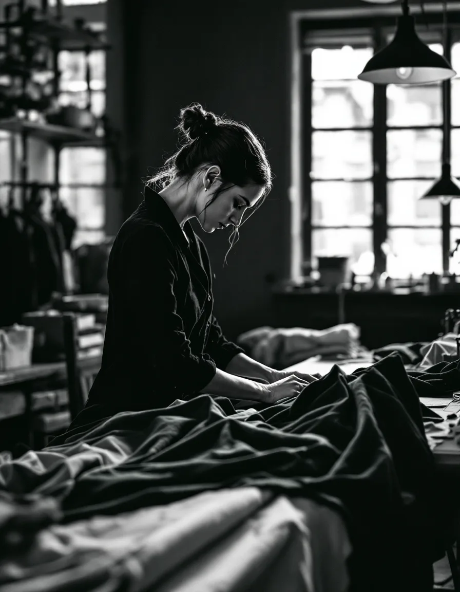 Black-and-white atelier scene of hands folding fabric